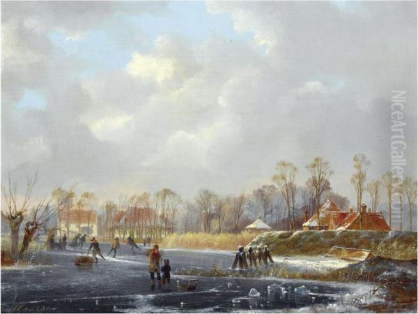 Skaters On A Frozen River by Hendrik Gerrit ten Cate