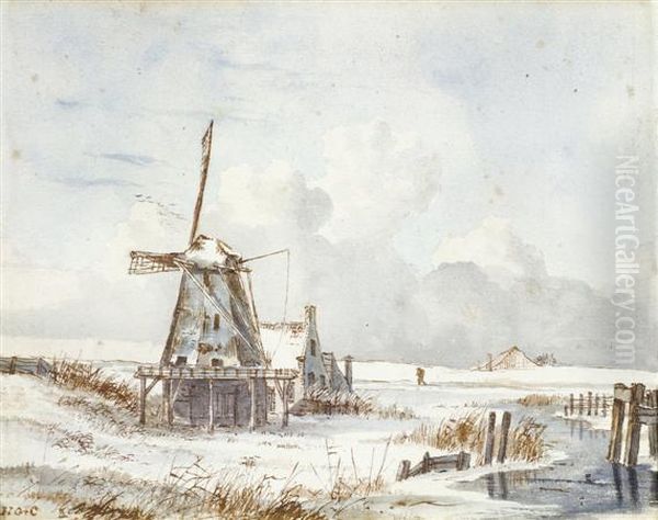 Windmills In A Dutch Polder Landscape Inwinter - view 1