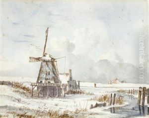 Windmills In A Dutch Polder Landscape Inwinter by Hendrik Gerrit ten Cate