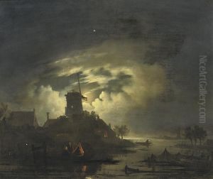 Fishing By The Windmill At Night