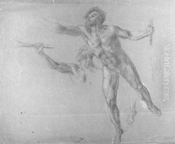 Aktstudien Eines Werfers. Umklammert Mit Der Linken Einen Stab Und Wirft Mit Der Rechten. Ganze Figur Bzw. Detail Des Oberkorpers - view 1