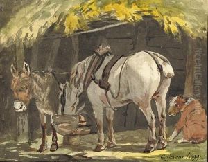 A Horse In Harness In Profile To The Left; And A Horse Drinking From A Trough, A Donkey And A Dog At It's Side