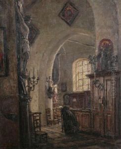 Kerkinterieur Met Biddende Vrouw by Albert Geudens
