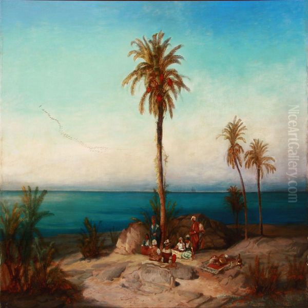 Coastal View With Arabs Taking A Rest Under A Palm Tree - view 1