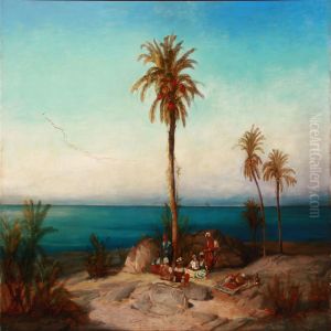 Coastal View With Arabs Taking A Rest Under A Palm Tree by Geyer, Alexius
