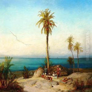 Coastal View With Arabs Taking A Rest Under A Palmtree by Geyer, Alexius
