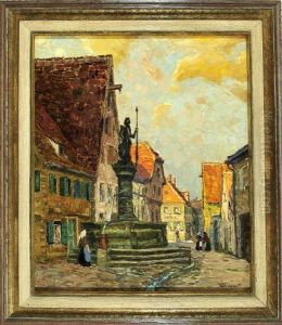 Brunnen Mit Bronzesoldat In Einer Belebten Gasse by Fritz Geyer