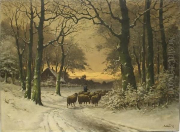 Herder Met Schapen In Sneeuwlandschap - view 1