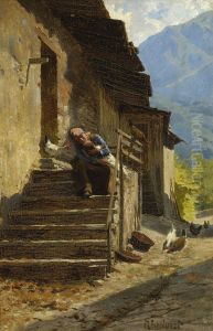 Bauerin Mit Kind Auf Der Treppe Vor Dem Bauernhaus Bauerin Mit Kind Auf Der Treppe Vor Dem Bauernhaus