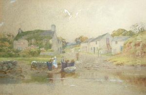 The Ferry Inn, Figures Waiting For A Footferry On A Small Wooden Pier In The Foreground by Peter Ghent