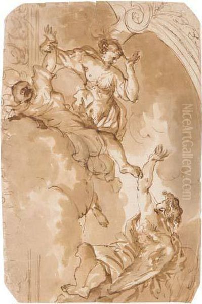 Deisgn For Part Of A Ceiling Decoration With Three Figures - view 1