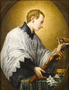 Saint Luigi Gonzaga Adoring A Crucifix, Within A Painted Oval