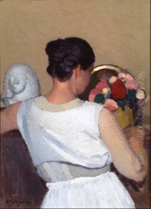 Interno Con Donna Di Spalle, Mazzo Di Fiori E Scultura by Oscar Ghiglia