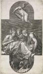 Three Muses And A Putto With A Lyre by Giorgio Ghisi