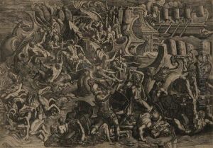Bataille Navale Entre Les Troyens Et Les Grecs Gravure by Giovanni Battista Ghisi
