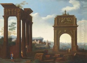 An Architectural Capriccio With Figures Among Classical Ruins, A Harbour Beyond by Giovanni Ghisolfi