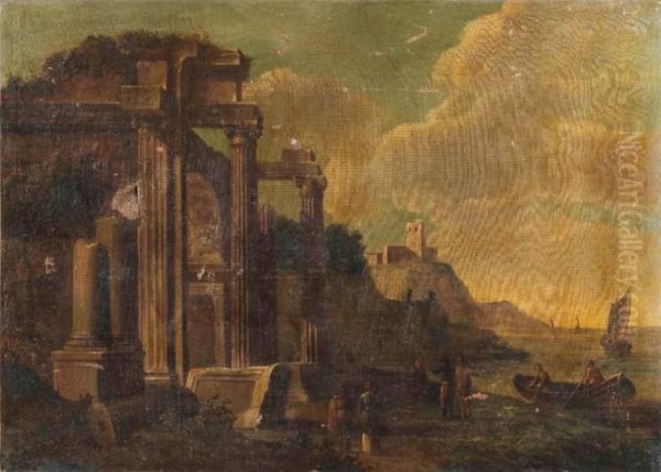 Paysage De Ruines Antiques En Bordure De Mer Anime De Personnages - view 1