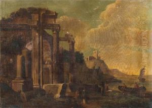 Paysage De Ruines Antiques En Bordure De Mer Anime De Personnages by Giovanni Ghisolfi