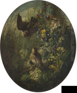 Couple D'oiseaux Dans Un Sous-bois Fleuri by Hector Giacomelli