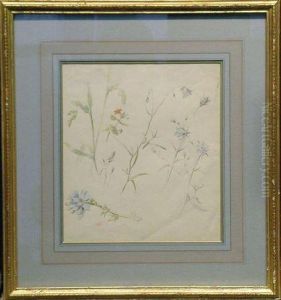 Blue Flowers With Goldenrod And A Small Red Flower by Hector Giacomelli