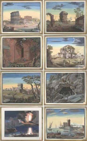 The Colosseum, Rome; The Tomb Of Aufestio; Tomb Of Cecilia Metella; Villa Adriano; Temple Of Minerva Medici; Entrance To A Cave Dedicated To Mondo; Eruption Of Vesuvius; And Fisherman Relaxing - view 1