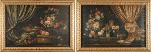 Due Nature Morte Con Fiori E Frutti, Drappi Ed Altri Elementi Di Arredo by Antonio Gianlisi The Younger