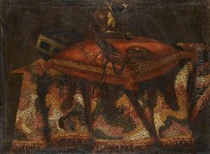 A Chained Monkey On A Cushion On A Drapedtable-top by Antonio Gianlisi The Younger