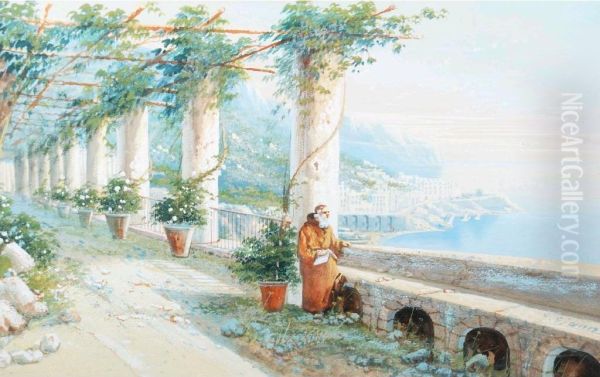 Monk In Cloister Overlooking A Neapolitan Lake - view 1