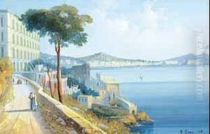 Die Posillipo-promenade In Neapel, Im Hintergrund Der Rauchende Vesuv.