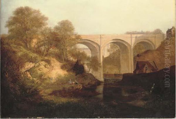 A View Of Dean Bridge, Edinburgh, With Figures On A Bank - view 1