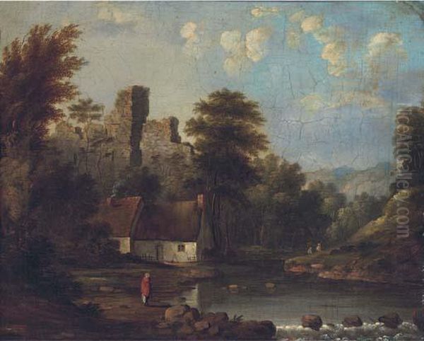 Figures By A Riverside Cottage, A Castle Ruin Beyond - view 1
