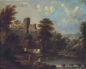 Figures By A Riverside Cottage, A Castle Ruin Beyond by Robert Gibb