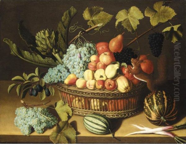 A Still Life With Artichokes, Bunches Of Grapes, Pears, Apples, Peaches, Plums And Other Fruit In A Basket On A Table, With A Squirrel Standing On A Melon Nibbling At The Grapes - view 1