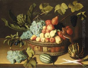 A Still Life With Artichokes, Bunches Of Grapes, Pears, Apples, Peaches, Plums And Other Fruit In A Basket On A Table, With A Squirrel Standing On A Melon Nibbling At The Grapes by Abiah Gibbens