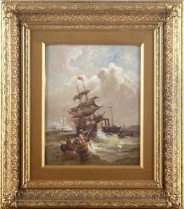 Tall Ships At Sea With Fishermen In Small Boat By A Buoy In The Foreground by William Gibbons