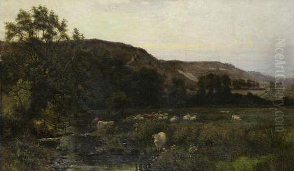 Cattle Grazing In Landscape Oil On Canvas, 75 X 125cm Signed And Dated 1887 - view 1