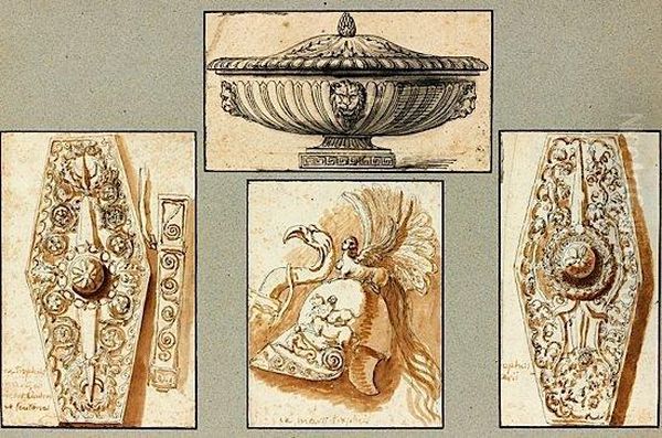 Trois Etudes De Trophees Et Un Vase Antique - view 1