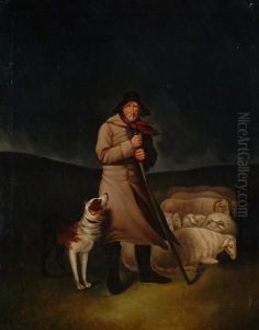 A Shepherd, His Dog And A Herd Of Sheep Under A Night Sky