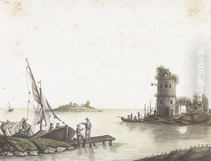 Landschaft Mit Ruine, Kleiner Insel, Booten Und Fischern