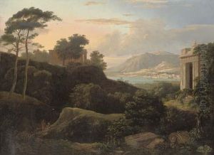 An Italianate Coastal Landscape, With Classical Ruins And Figures In The Foreground, A Town Beyond by Patrick Gibson