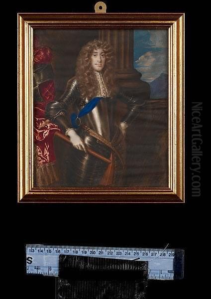 A Pair Of Three-quarter Length Portraits Of James Ii (1633-1701), As Duke Of York And Mary Beatrice Of Modena (1658-1718); He, Wearing Full Armour, Blue Sash Of The Order Of The Garter And White Lace Jabot, He Holds A Staff, His Plumed Helmet On Red Drape - view 1