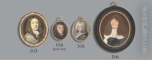 A Young Gentleman, In Armour, White Lawn Collar, Long Curling Light Brown Hair; Together With Rachel, Countess Of Middlesex (1613-1680), In Lace-bordered Off-the-shoulder Yellow Dress, Drop-pearl And Jewelled Pendant Fastened At Corsage, Pearl Necklace, H by Richard (Dwarf Gibson) Gibson