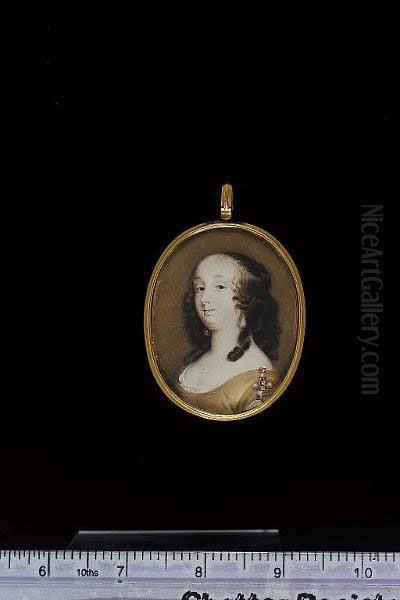 A Lady, Wearing Ochre-coloured Dress, With White Underdress And Jewelled Shoulder Decoration, Large Drop Pearl Earrings, Her Dark Hair Curled - view 1