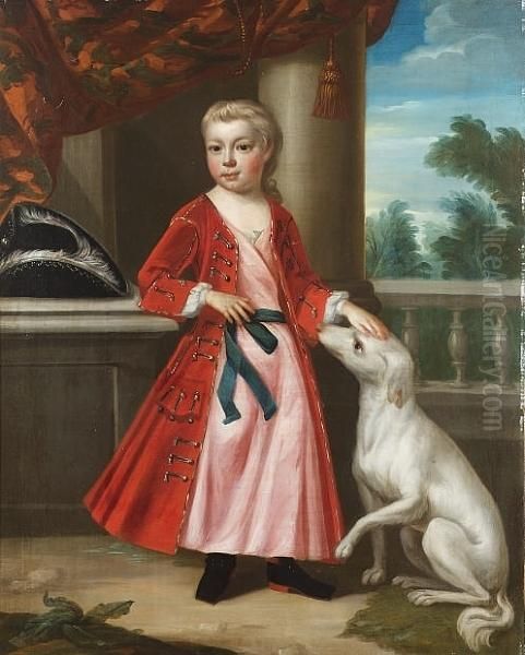 Portrait Of A Boy, Standing Full-length, In A Red Coat, Leaning On A Stone Plinth And Petting A Dog, A Landscape Beyond - view 1