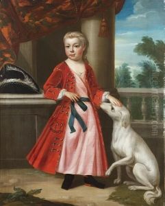 Portrait Of A Boy, Standing Full-length, In A Red Coat, Leaning On A Stone Plinth And Petting A Dog, A Landscape Beyond