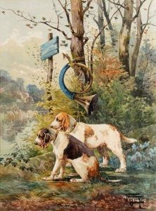 Chiens De Relais Au Pied D'un Arbre Et Trompe. by Theophile (Francois Theophile Etienne) Gide