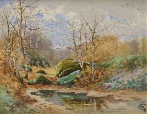 Mare Et Rochers En Foret by Hippolyte Jean Adam Gide
