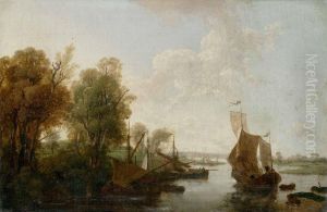 Flodlandskap Med Batar Och Figurer by Johann Ludwig Giesel