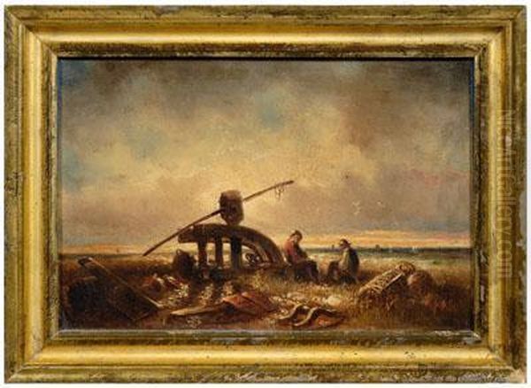 Fisherman Resting On Shore With Block AndTackle, Rudders, Traps, Baskets - view 1