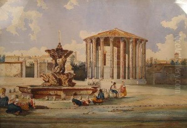 Figures Around Fountain And Temple Of Vesta , Rome - view 1